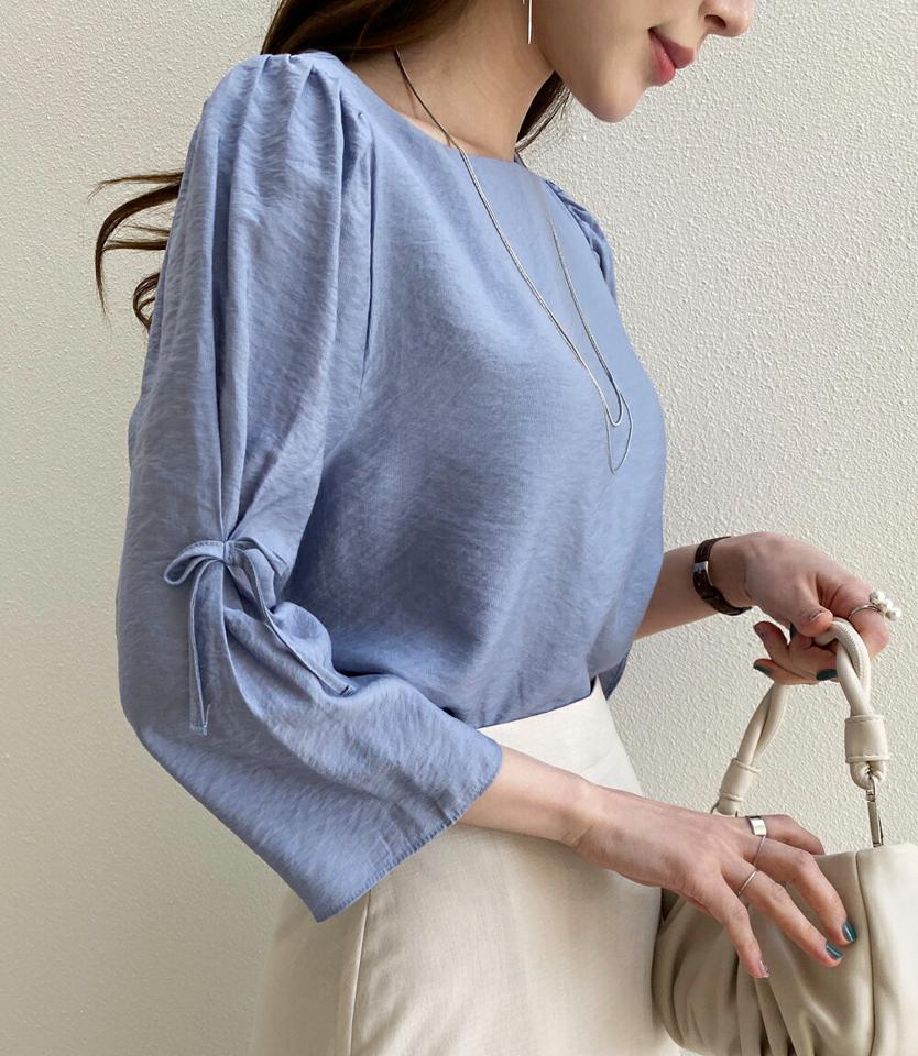 リボン7分袖ブラウス・全3色・b71673 レディース 【bl】トップス ブラウス 七分袖 七分丈 7分袖 7分丈 りぼん 単色 無地 シンプル 袖コン かわいい 大人 ギャザー シルキー 光沢 水色 春 秋 韓国ファッション ハイホリHIHOLLI