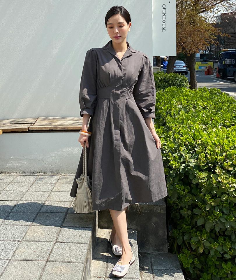 カラーネックバックゴムワンピース・全3色・t71925 レディース 【ops】ワンピース ロング丈 ロングワンピース 七分袖 七分丈 7分袖 7分丈 襟 単色 無地 シンプル 大人 ウエストマーク ギャザー 春 秋 韓国ファッション ハイホリHIHOLLI