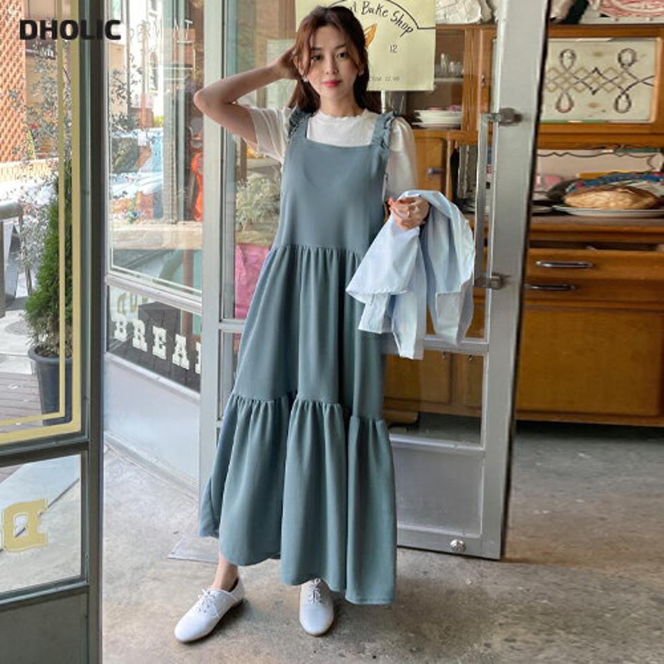 フリルノースリティアードワンピース・全3色・t00635 レディース 【ops】韓国ファッション ワンピース ロング ロングワンピース ノースリーブ フリル ティアードワンピース Aライン ロング丈 無地 シンプル 体型カバー フェミニン 夏 春 秋
