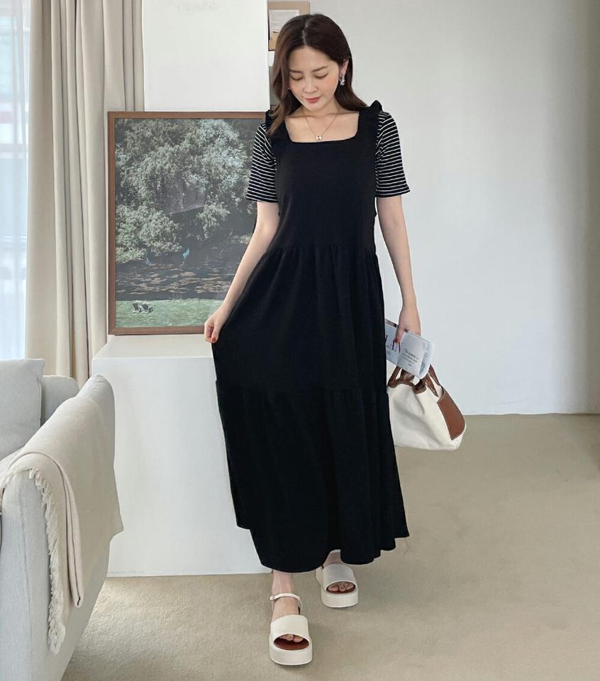 フリルノースリティアードワンピース・全3色・t00635 レディース 【ops】韓国ファッション ワンピース ロング ロングワンピース ノースリーブ フリル ティアードワンピース Aライン ロング丈 無地 シンプル 体型カバー フェミニン 夏 春 秋