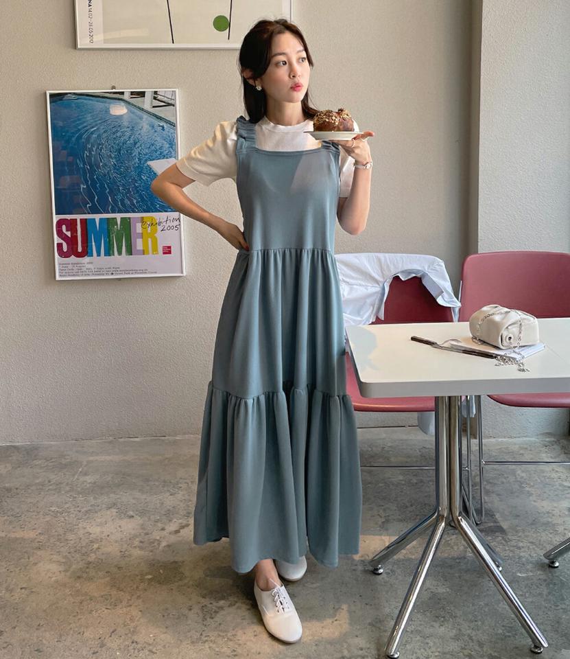 フリルノースリティアードワンピース・全3色・t00635 レディース 【ops】韓国ファッション ワンピース ロング ロングワンピース ノースリーブ フリル ティアードワンピース Aライン ロング丈 無地 シンプル 体型カバー フェミニン 夏 春 秋
