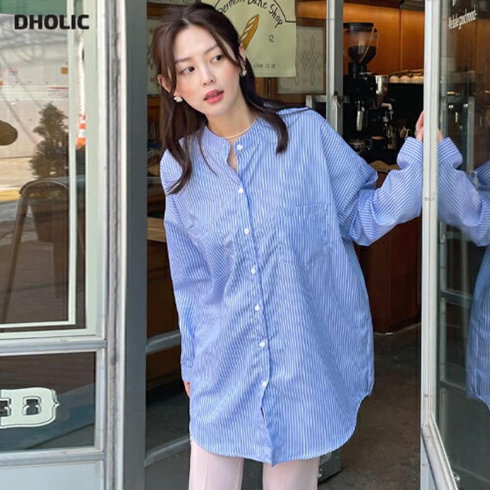 バンドカラーストライプシャツ・全2色・t00628 レディース 【bl】韓国ファッション トップス シャツ 長袖 バンドカラー ストライプ カフスボタン アウトポケット ドロップショルダー ルーズ シンプル カジュアル フェミニン 体型カバー 春 秋