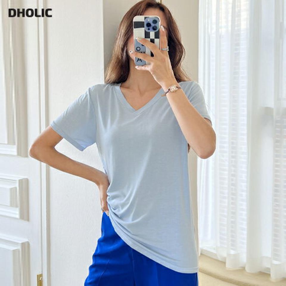 VネックTシャツ・全7色・b00624 レディース 【tops】韓国ファッション トップス Tシャツ 大人 半袖 Vネック 無地 ベーシック シンプル 体型カバー フェミニン カジュアル デイリー 水色 夏 春 秋