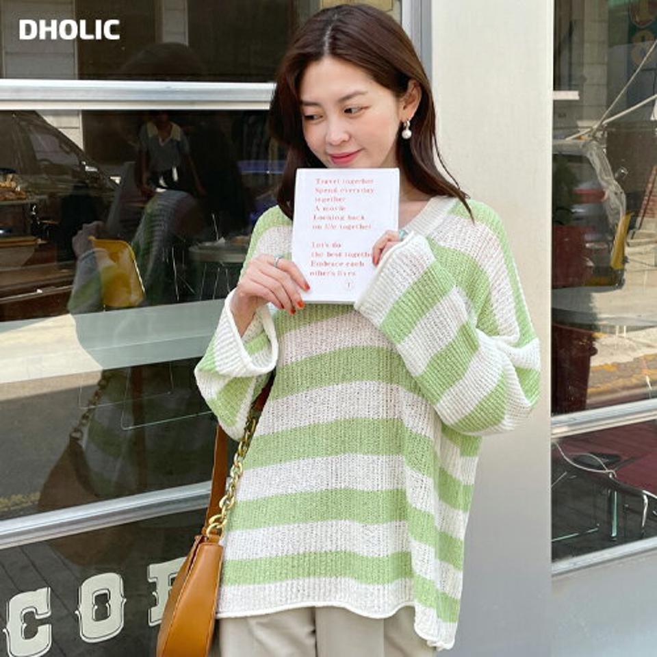 ロールヘムボーダールーズニット・全4色・t00634 レディース 【tops】韓国ファッション トップス ニット 大人 長袖 Vネック ブークレ風 ロールヘム ボーダー ドロップショルダー ルーズ シンプル 体型カバー フェミニン カジュアル 春 秋