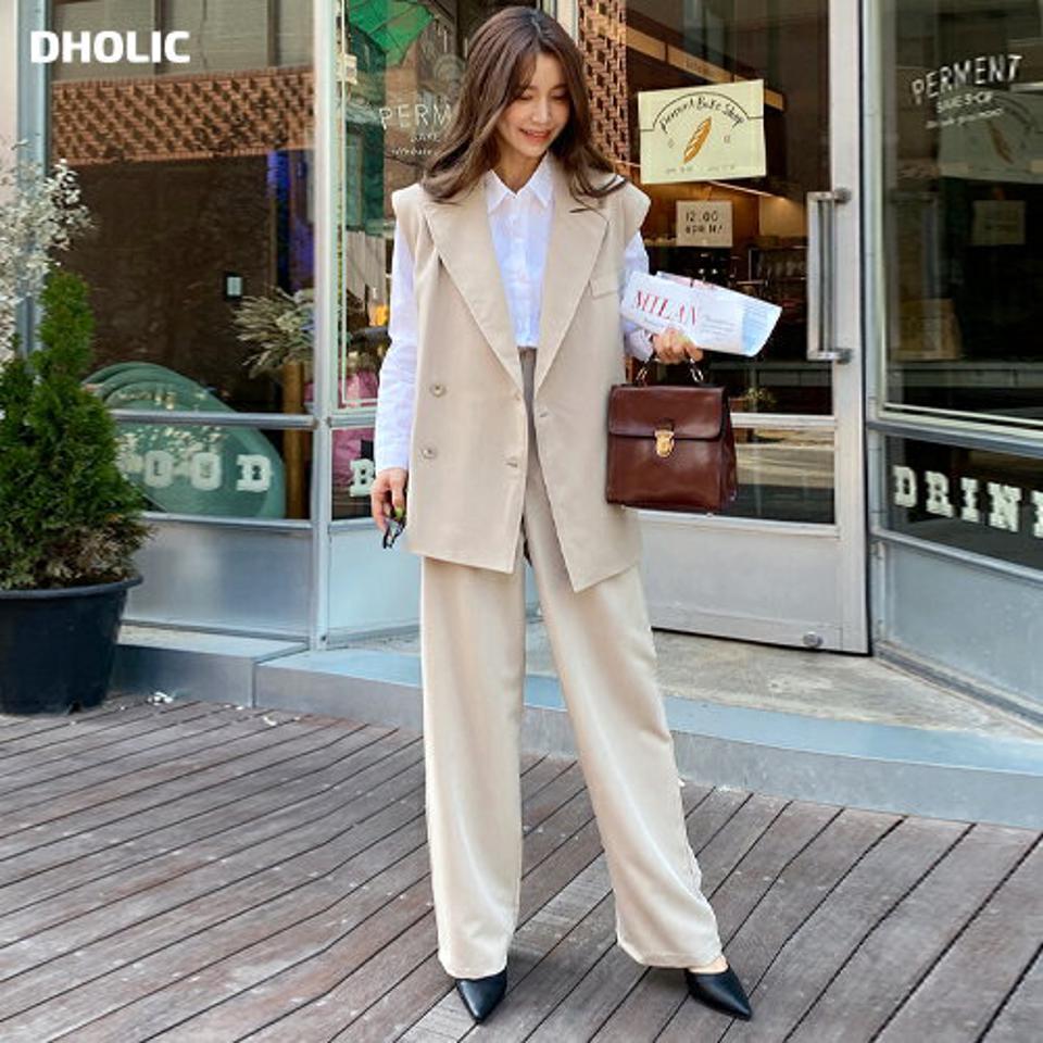 【送料無料】テーラードカラーベスト&サイドベルトスラックスSET・全2色・t00644 レディース 【pt】韓国ファッション ボトムス スラックス ベスト セットアップ カラーネック ワイド ストレート ツータック ハイウエスト 無地 シンプル 春 秋