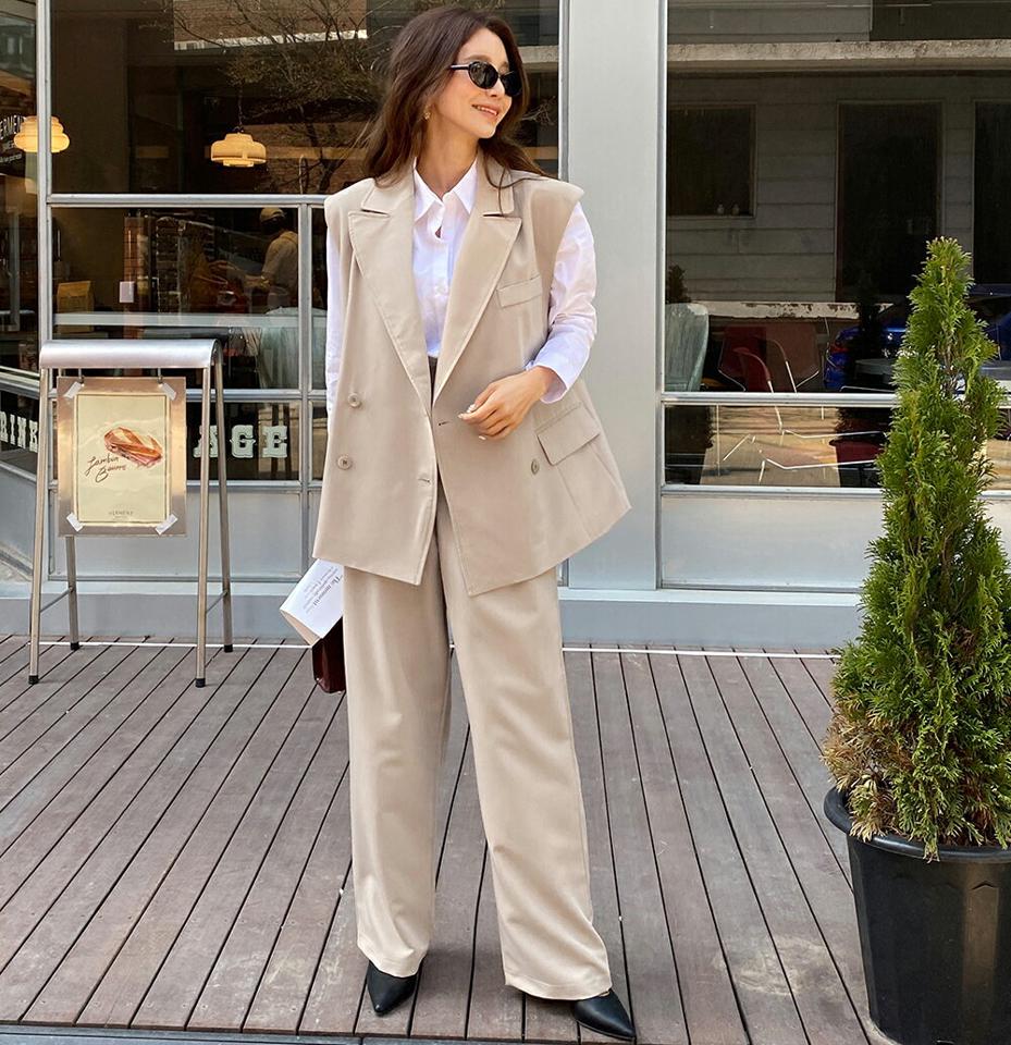 【送料無料】テーラードカラーベスト&サイドベルトスラックスSET・全2色・t00644 レディース 【pt】韓国ファッション ボトムス スラックス ベスト セットアップ カラーネック ワイド ストレート ツータック ハイウエスト 無地 シンプル 春 秋