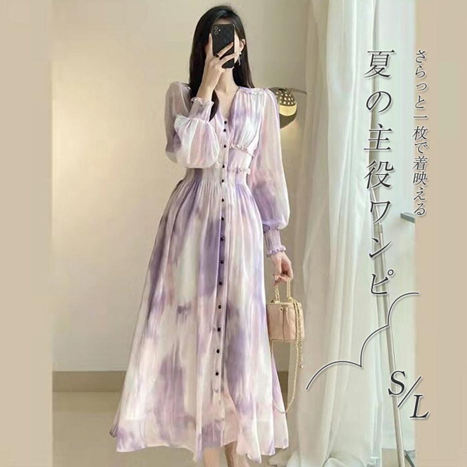 ワンピース レディース マキシワンピース リゾートワンピ マキシワンピ ラップワンピ カシュクール 韓国 ファッション レトロ サマードレス フラワー 花柄 プリント ウエストゴム ボリューム袖 Vネック 上品 大人可愛い きれいめ