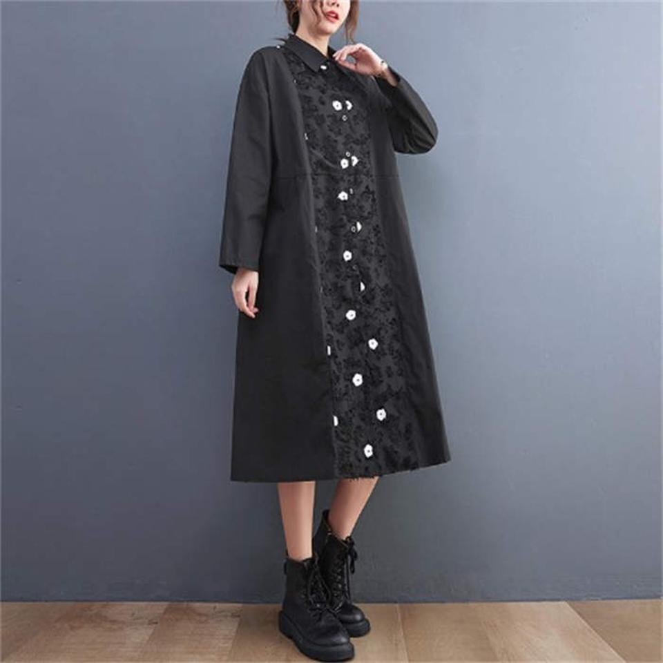 ワンピース 長袖 ロングワンピース 春夏 ゆったり 切り替え 花柄 ワンピ レディース ワンピース 折り襟 プルオーバー 膝下丈ワンピース 膝下丈 通勤 体型カバー セクシー エレガント 大きいサイズ きれいめ 黒