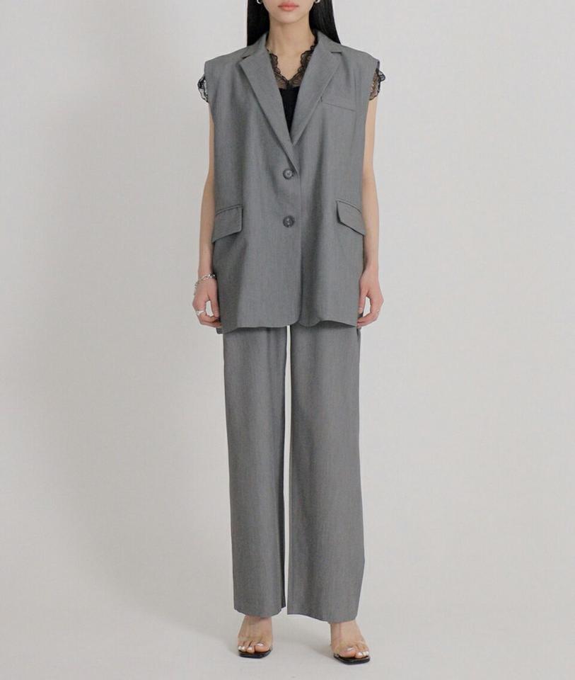 オーバーフィットベスト&アンバランスボタンスラックスSET・全3色 レディース 【pt】セット セットアップ ベスト スリーブレス ノースリーブ パンツ スラックス ロング丈 単色 無地 シンプル ベーシック 春 夏 韓国ファッション ハイホリHIHOLLI