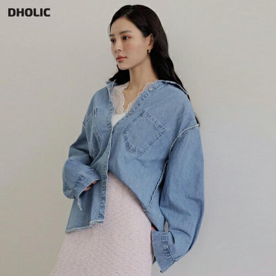リバーシブルデニムシャツ・全2色 レディース 【bl】シャツ トップス 長袖 デニム リバーシブル 襟 ボタン アウター カジュアル シンプル ラフ 春 秋 フリンジ オーバーフィット 体型カバー 可愛い かわいい 韓国ファッション ハイホリHIHOLLI