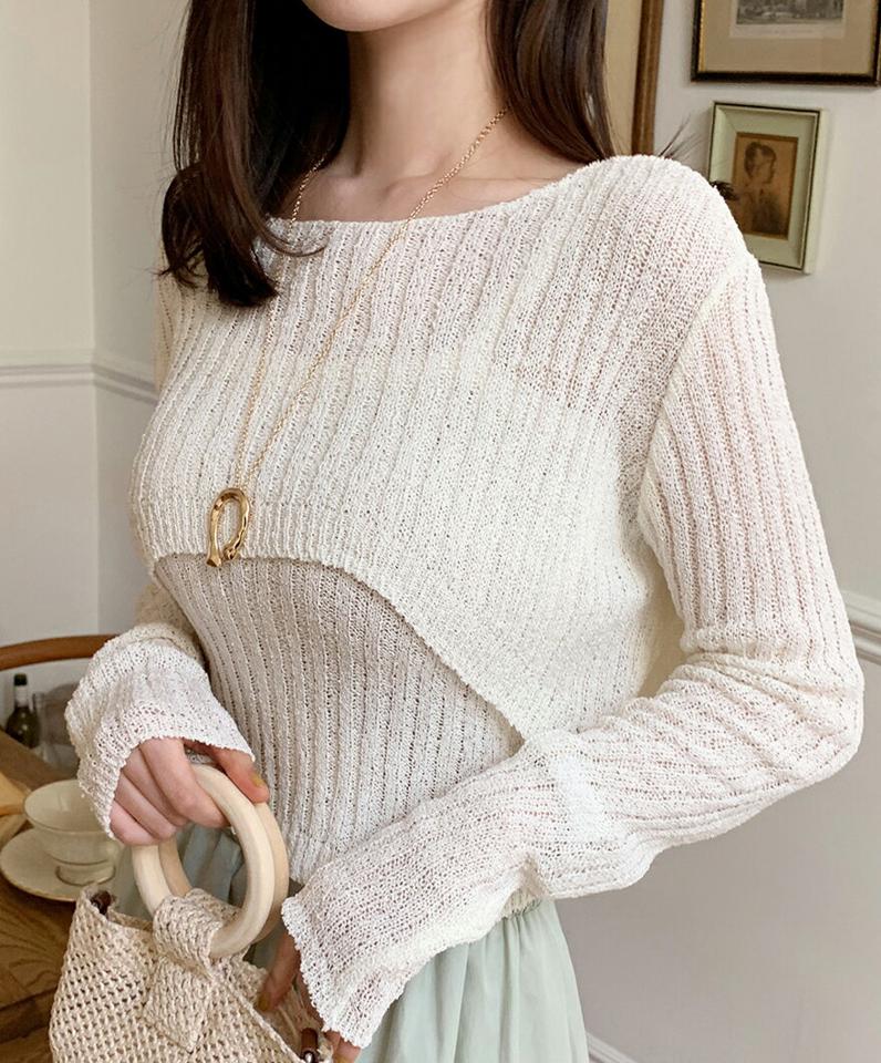 3WAYボートネックアンバランスリブニット・全5色・t66967 レディース 【tops】トップス ニット 長袖 レイヤード単色 無地 シンプル ボレロ リブ カジュアル ラフ ボートネック 春 夏 秋 韓国ファッション