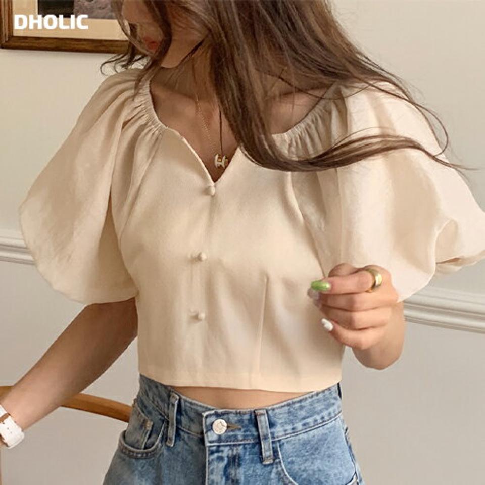 パフクロップドブラウス・全3色・b66970 レディース 【bl】トップス ブラウス 半袖 ハーフスリーブ クロップド丈 短丈 パフ袖 パフスリーブ 単色 無地 シンプル ボリューム袖 ラグランスリーブ 二の腕カバー ゴム Vネック 春 夏 韓国ファッション