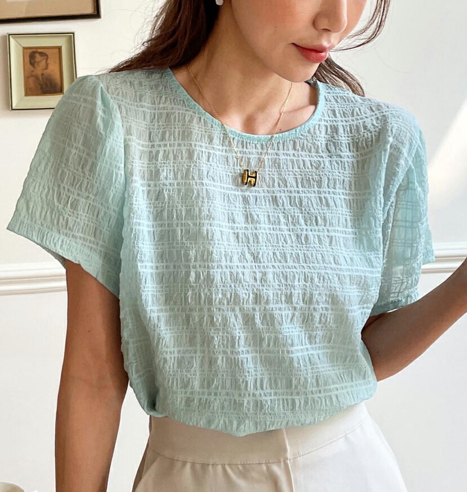 ラウンドシアーリンクルブラウス・全4色・b66972 レディース 【bl】トップス ブラウス 半袖 ハーフスリーブ リンクル ラウンドネック 透け感 かわいい フェミニン 大人 ギャザー 黄色 春 夏 韓国ファッション