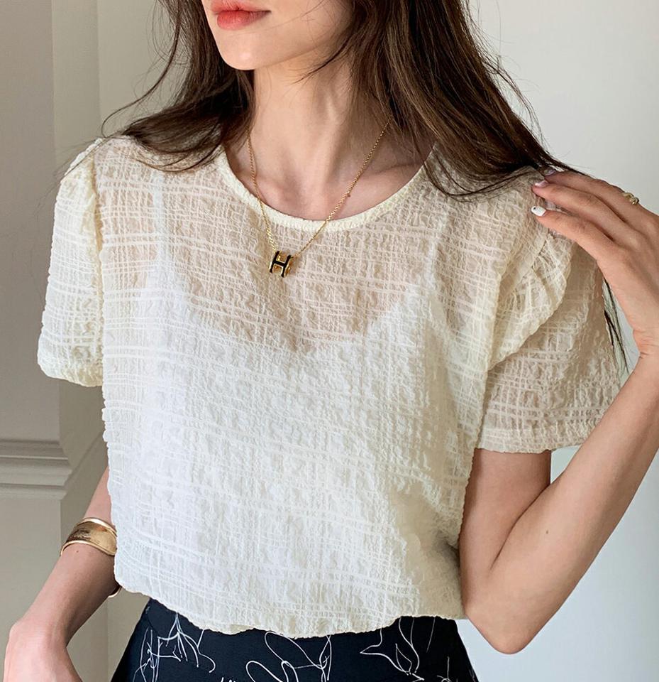 ラウンドシアーリンクルブラウス・全4色・b66972 レディース 【bl】トップス ブラウス 半袖 ハーフスリーブ リンクル ラウンドネック 透け感 かわいい フェミニン 大人 ギャザー 黄色 春 夏 韓国ファッション