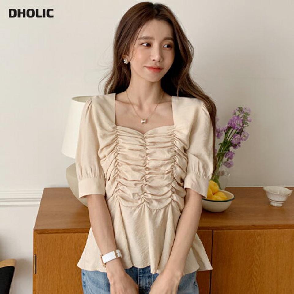 スクエアシャーリングブラウス・全3色・b66974 レディース 【bl】トップス ブラウス 半袖 ハーフスリーブ スクエアネック シャーリング デコルテ 鎖骨 単色 かわいい フェミニン 大人 春 夏 韓国ファッション