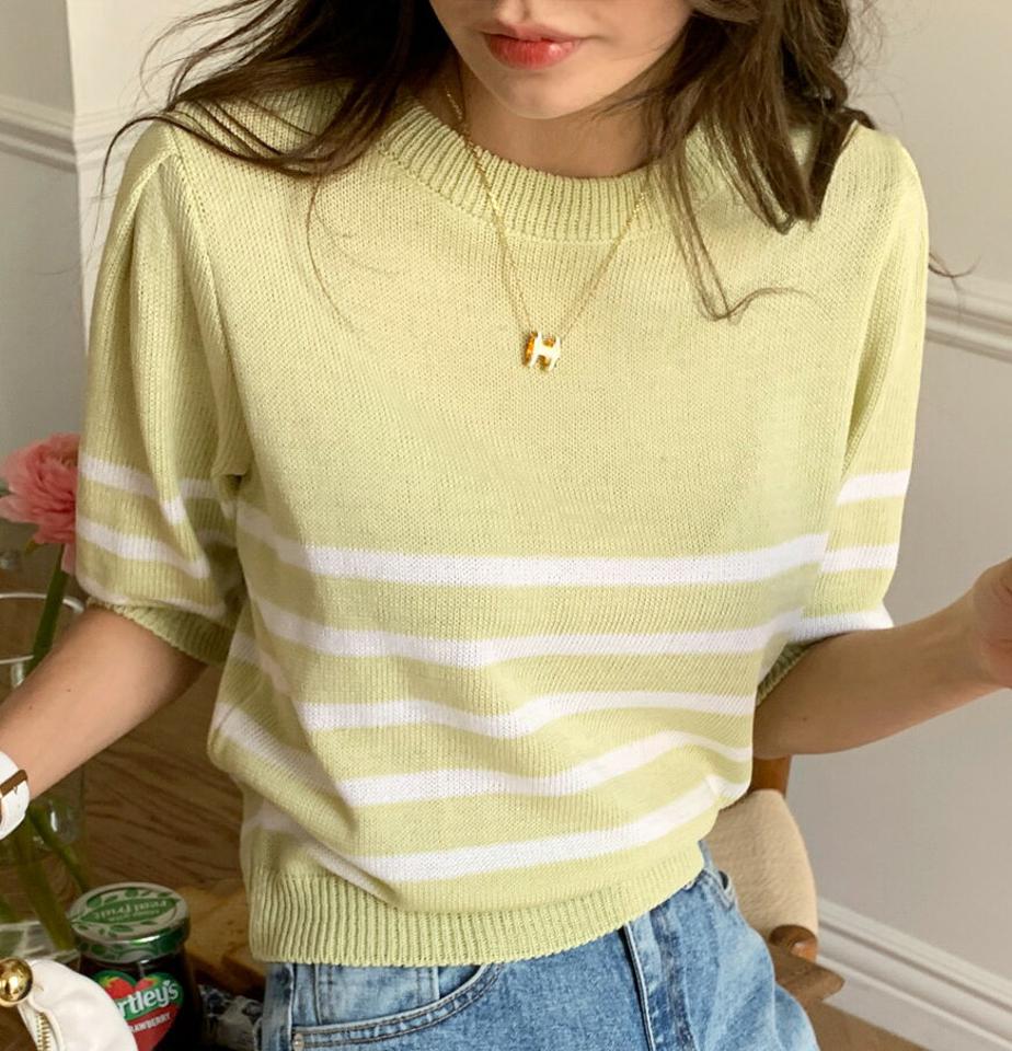 ボーダーパフニット・全4色・b66977 レディース 【tops】トップス ニット パフ袖 パフスリーブ 半袖 ハーフスリーブ ボーダー柄 カジュアル ラフ ラウンドネック カラーニット クロップド丈 春 夏 韓国ファッション