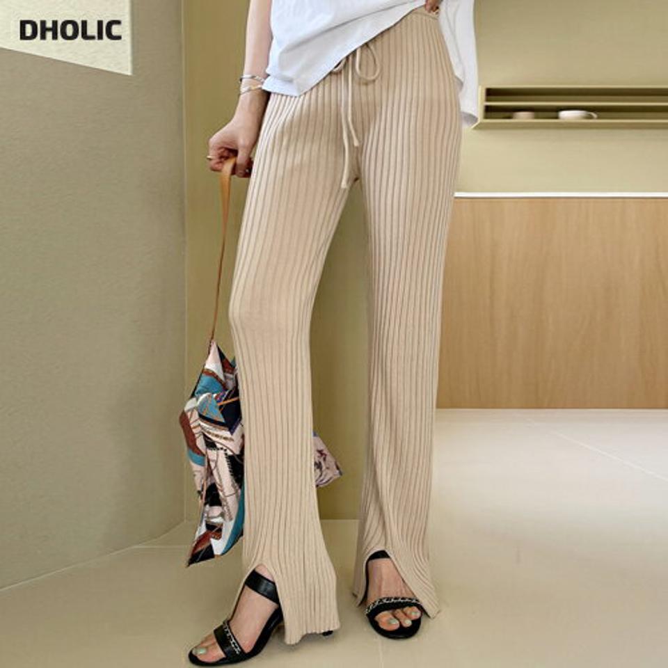 ニットスリットパンツ・全3色 レディース 【pt】パンツ ロング丈 ニット スリット 単色 無地 シンプル サマーニット リブ 楽ちん 春 秋 ハイウエスト フレア 脚長 ウエストゴム フェミニン カジュアル 韓国ファッション ハイホリHIHOLLI