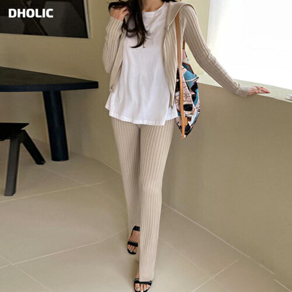 ニットダブルジップカーディガン&スリットパンツSET・全3色 レディース 【pt】パンツ カーディガン セット 長袖 ロング丈 ニット スリット 単色 無地 シンプル ジップ パステル 春 夏 襟 襟コン カジュアル リブ 韓国ファッション ハイホリHIHOLLI