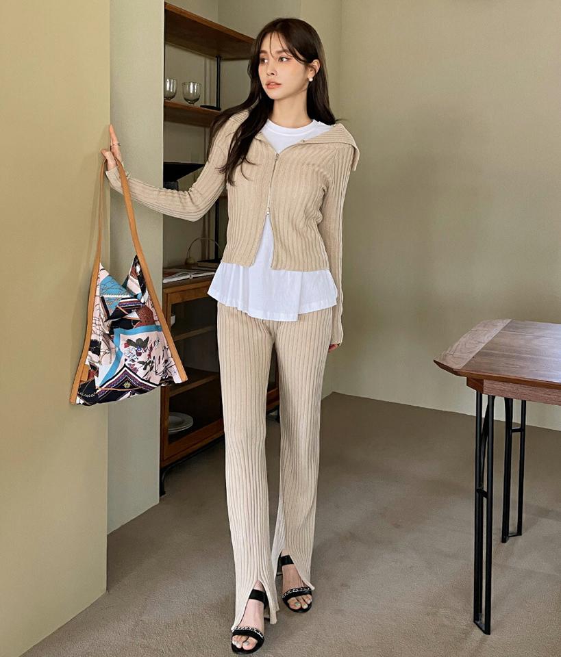 ニットダブルジップカーディガン&スリットパンツSET・全3色 レディース 【pt】パンツ カーディガン セット 長袖 ロング丈 ニット スリット 単色 無地 シンプル ジップ パステル 春 夏 襟 襟コン カジュアル リブ 韓国ファッション ハイホリHIHOLLI