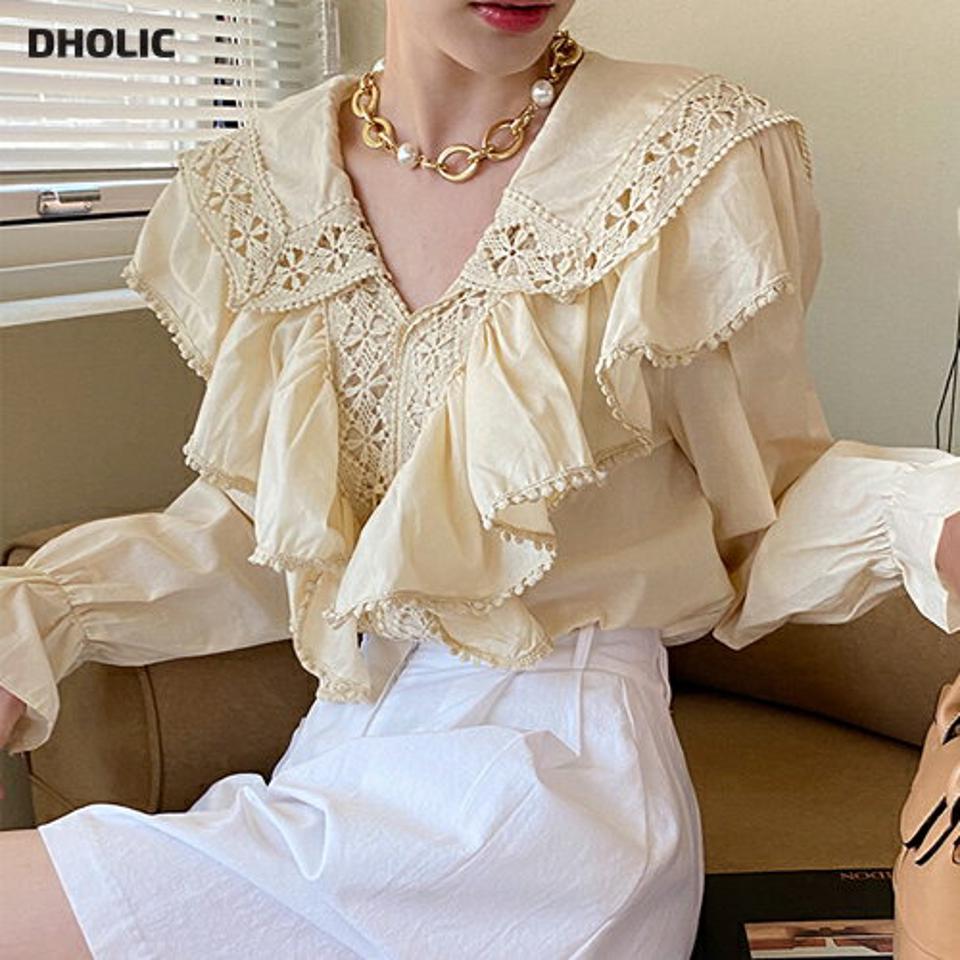 レースフリルカラーブラウス・全3色 レディース 【bl】ブラウス トップス 長袖 単色 フリル レース 華やか 襟 襟コン パステル ボリューム ガーリー フェミニン かわいい 可愛い 春 秋 パフ 韓国ファッション ハイホリHIHOLLI