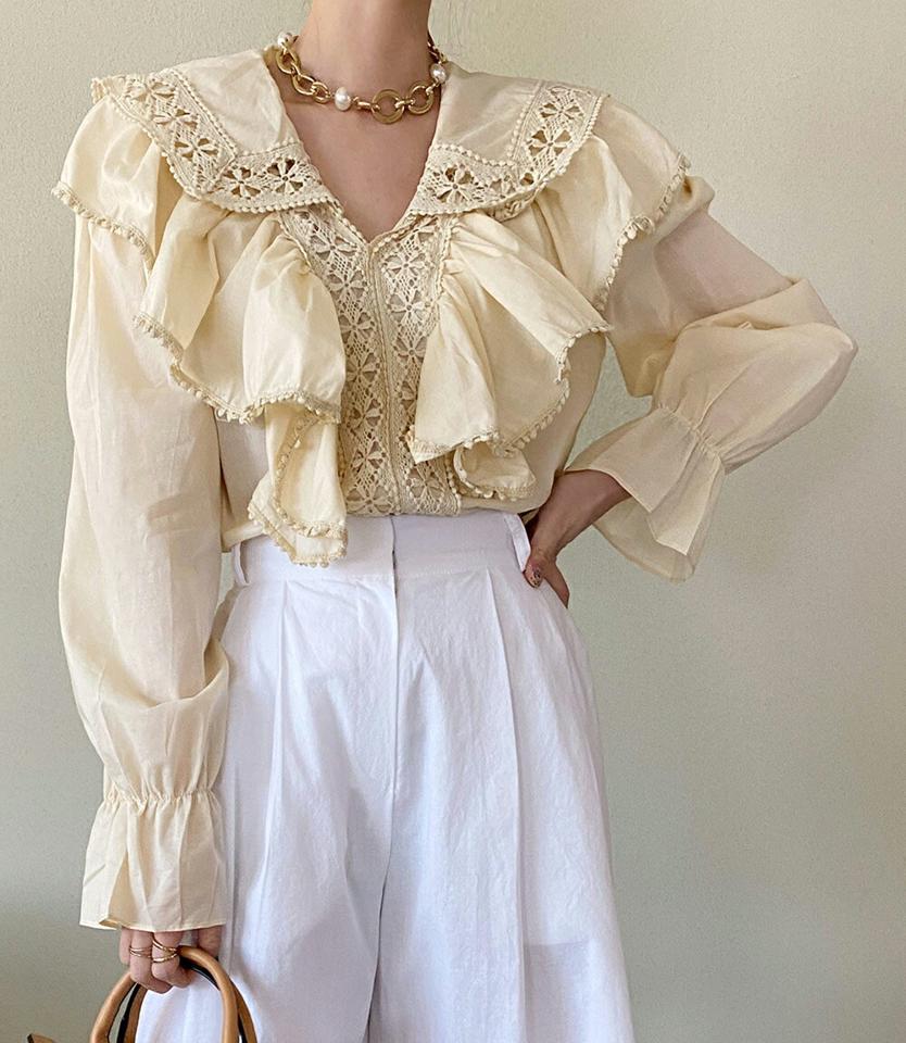 レースフリルカラーブラウス・全3色 レディース 【bl】ブラウス トップス 長袖 単色 フリル レース 華やか 襟 襟コン パステル ボリューム ガーリー フェミニン かわいい 可愛い 春 秋 パフ 韓国ファッション ハイホリHIHOLLI