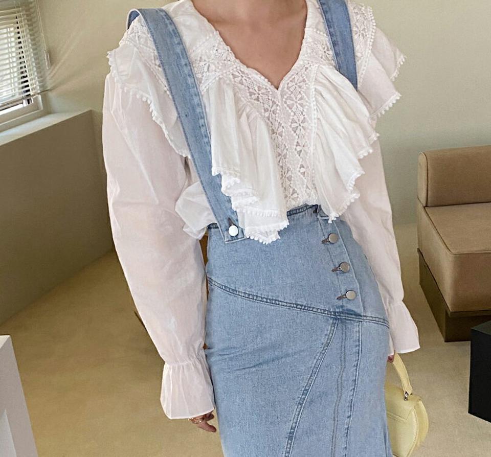 レースフリルカラーブラウス・全3色 レディース 【bl】ブラウス トップス 長袖 単色 フリル レース 華やか 襟 襟コン パステル ボリューム ガーリー フェミニン かわいい 可愛い 春 秋 パフ 韓国ファッション ハイホリHIHOLLI