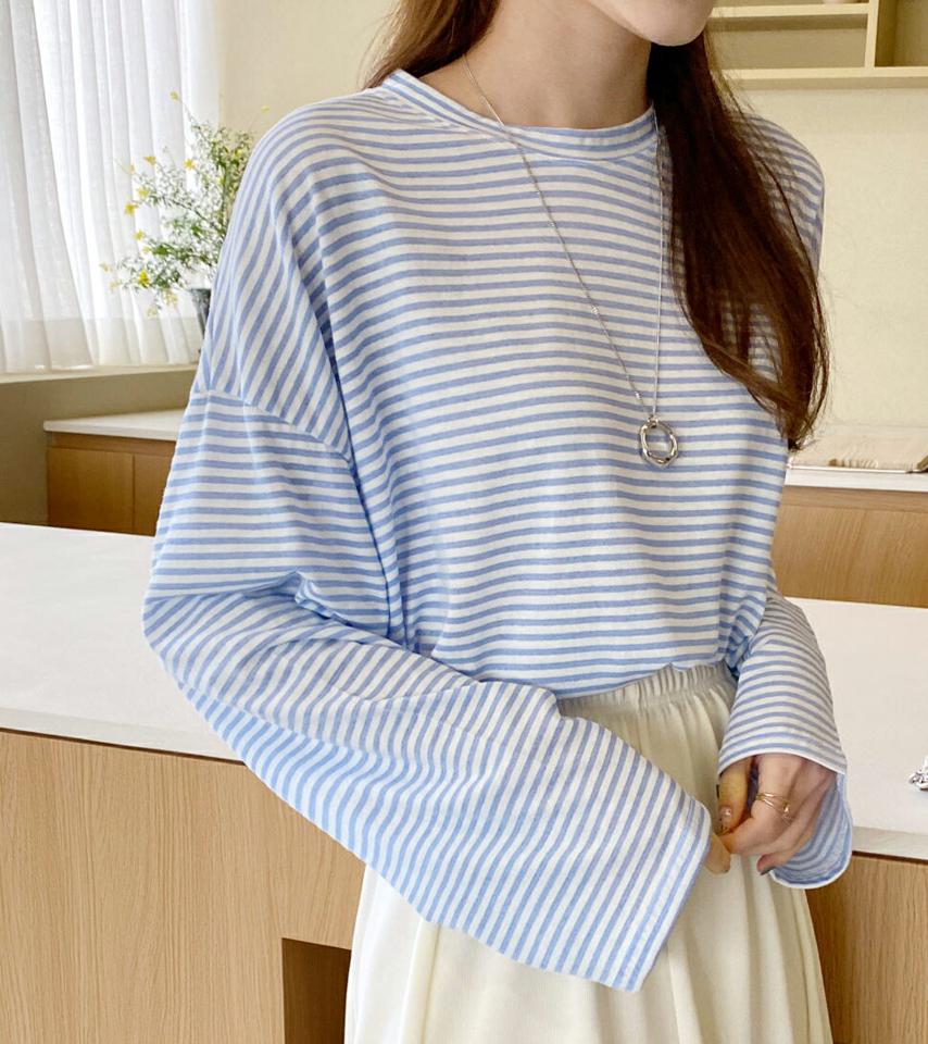 長袖ボーダーTシャツ・全6色 レディース 【tops】トップス 長袖 Tシャツ ボーダー 柄 模様 春 秋 オーバー ルーズ 体型カバー 楽ちん 春 ドロップショルダー パステル カラバリ カジュアル かわいい 可愛い 韓国ファッション ハイホリHIHOLLI