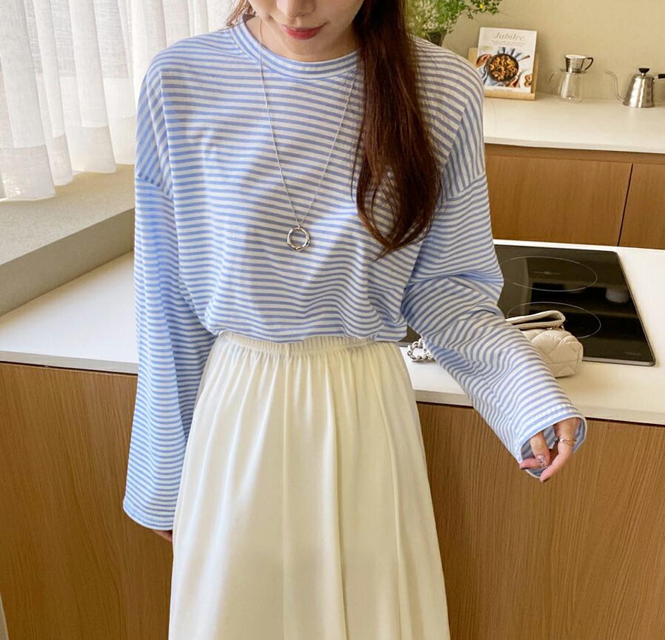 長袖ボーダーTシャツ・全6色 レディース 【tops】トップス 長袖 Tシャツ ボーダー 柄 模様 春 秋 オーバー ルーズ 体型カバー 楽ちん 春 ドロップショルダー パステル カラバリ カジュアル かわいい 可愛い 韓国ファッション ハイホリHIHOLLI