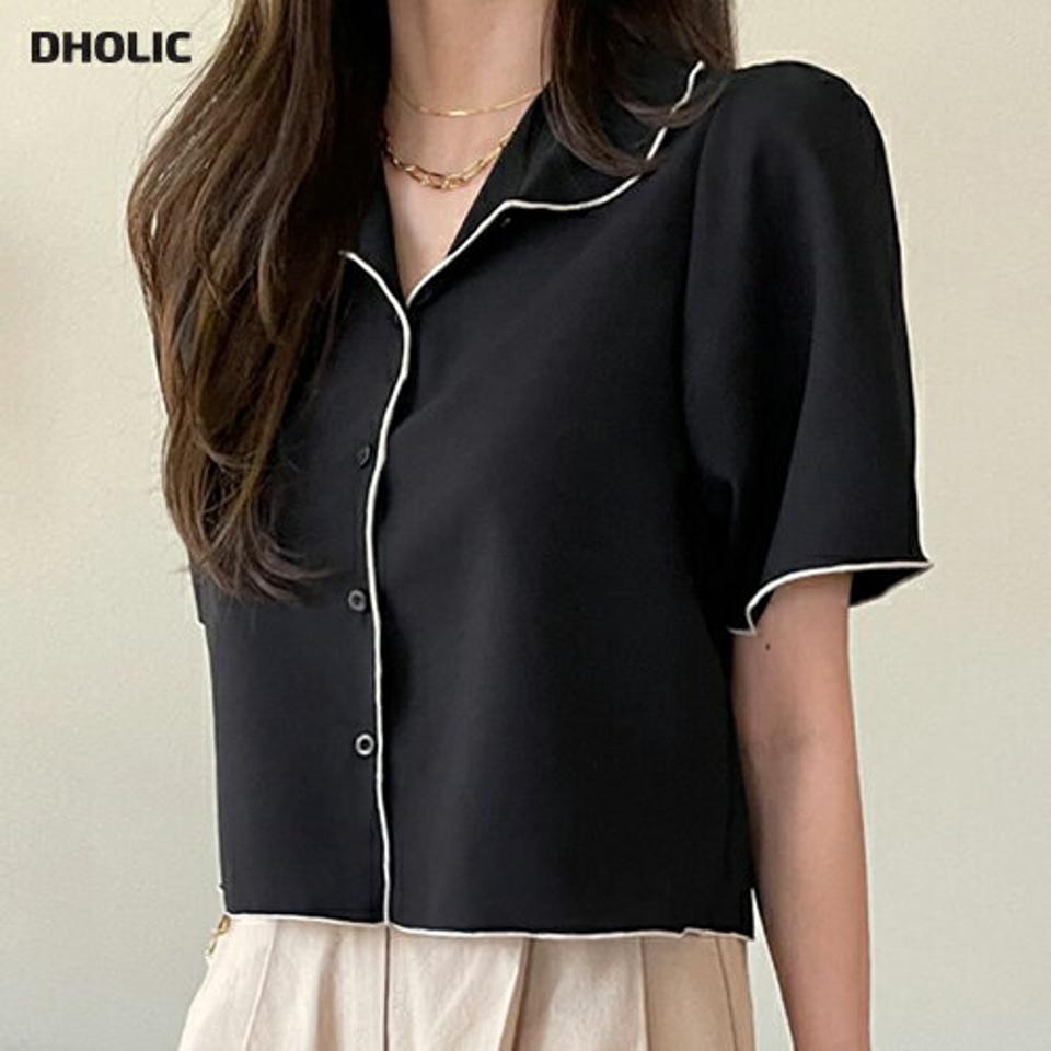 配色カラークロップドブラウス・全3色 レディース 【bl】ブラウス トップス 半袖 配色 柄 クロップド丈 パフ袖 ボタン パステル モノトーン 襟 可愛い かわいい 上品 フェミニン ガーリー シンプル 春 夏 韓国ファッション ハイホリHIHOLLI