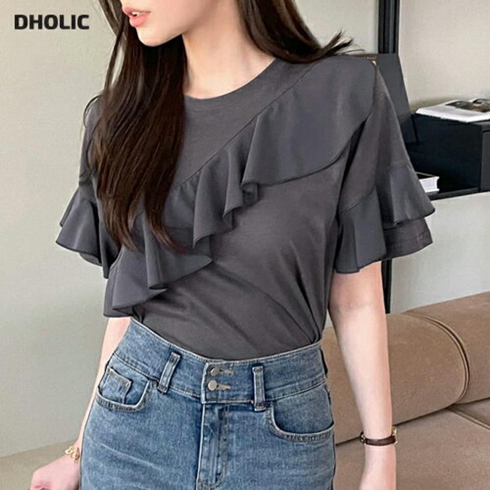 ラッフル半袖Tシャツ・全2色・b00398 レディース 【tops】トップス 半袖 Tシャツ ラッフル フリル 単色 無地 ボリューム カジュアル 可愛い かわいい ラブリー フェミニン 異素材 春 夏 綿 コットン 二の腕カバー パステル 韓国ファッション ハイホリHIHOLLI