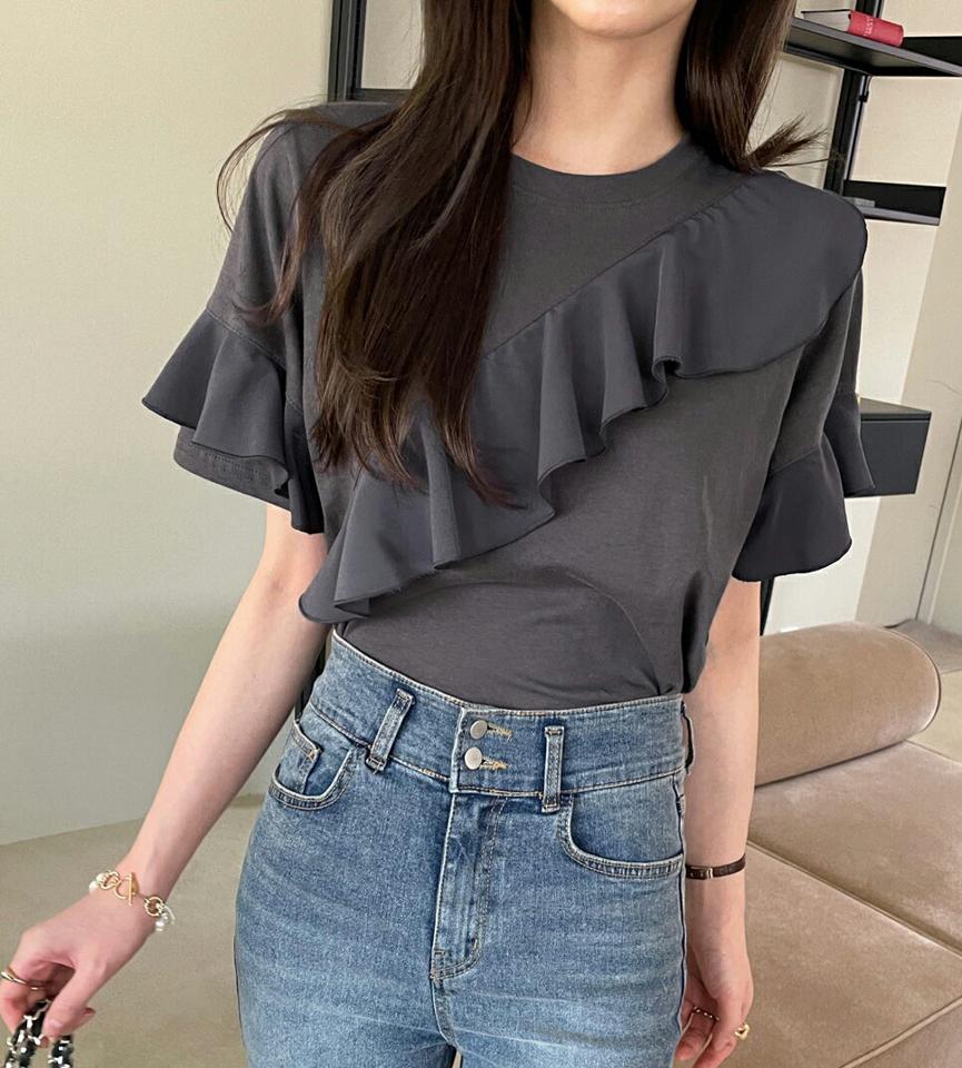 ラッフル半袖Tシャツ・全2色・b00398 レディース 【tops】トップス 半袖 Tシャツ ラッフル フリル 単色 無地 ボリューム カジュアル 可愛い かわいい ラブリー フェミニン 異素材 春 夏 綿 コットン 二の腕カバー パステル 韓国ファッション ハイホリHIHOLLI