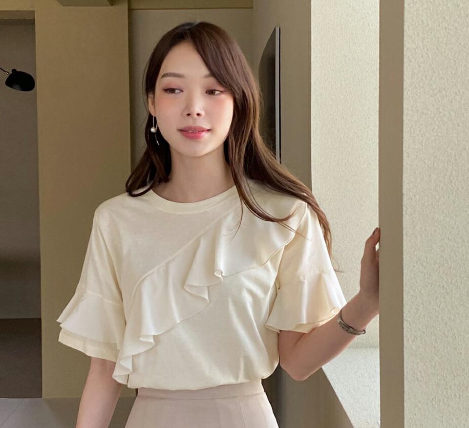 ラッフル半袖Tシャツ・全2色・b00398 レディース 【tops】トップス 半袖 Tシャツ ラッフル フリル 単色 無地 ボリューム カジュアル 可愛い かわいい ラブリー フェミニン 異素材 春 夏 綿 コットン 二の腕カバー パステル 韓国ファッション ハイホリHIHOLLI