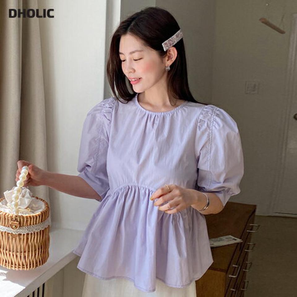 ペプラムギャザーパフブラウス・全2色・t67122 レディース 【bl】トップス ブラウス 半袖 ハーフスリーブ パフ袖 パフスリーブ 単色 無地 シンプル 可愛い ガーリー フレア 体型カバー パールボタン 二の腕カバー お腹カバー 紫 春 夏 韓国ファッション