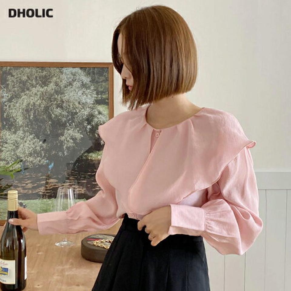 パステルビッグラッフルカラーブラウス・全3色・b67123 レディース 【bl】トップス ブラウス 長袖 ラッフル フリル パステル 襟コン 単色 無地 シンプル ガーリー かわいい 可愛い ピンク 春 秋 韓国ファッション