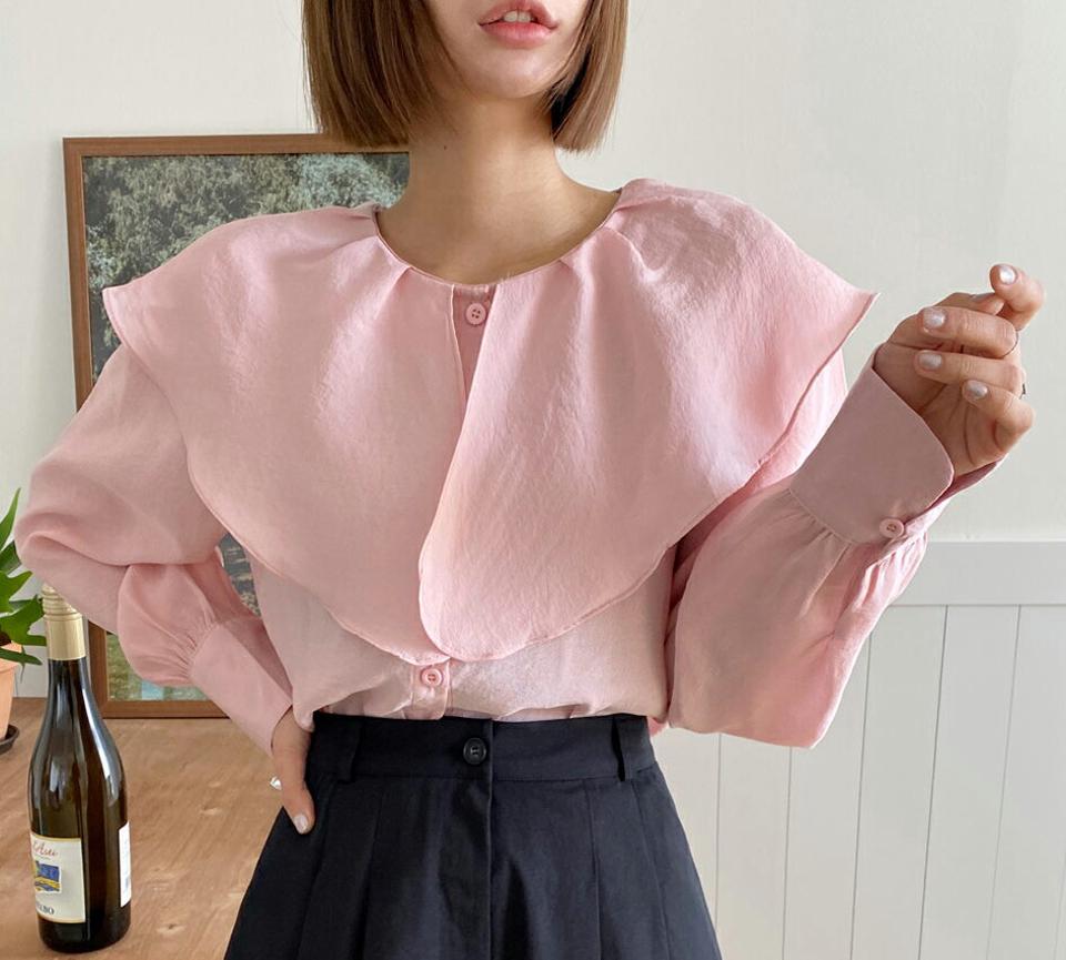 パステルビッグラッフルカラーブラウス・全3色・b67123 レディース 【bl】トップス ブラウス 長袖 ラッフル フリル パステル 襟コン 単色 無地 シンプル ガーリー かわいい 可愛い ピンク 春 秋 韓国ファッション