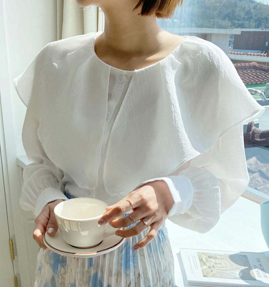 パステルビッグラッフルカラーブラウス・全3色・b67123 レディース 【bl】トップス ブラウス 長袖 ラッフル フリル パステル 襟コン 単色 無地 シンプル ガーリー かわいい 可愛い ピンク 春 秋 韓国ファッション