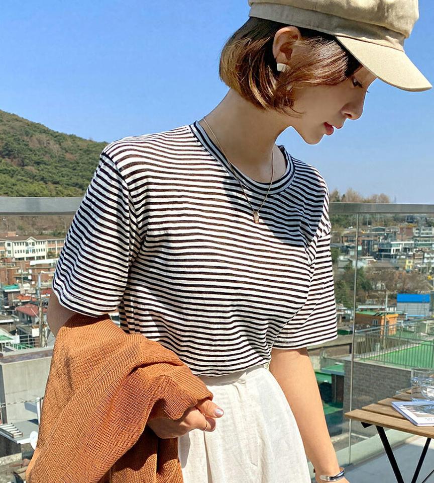 【10%OFF】ボーダーラウンドTシャツ・全7色・b67108 レディース 【tops】トップス Tシャツ 半袖 ボーダー柄 ラウンドネック ボーダーT カジュアル ラフ 春 夏 韓国ファッション セール SALE
