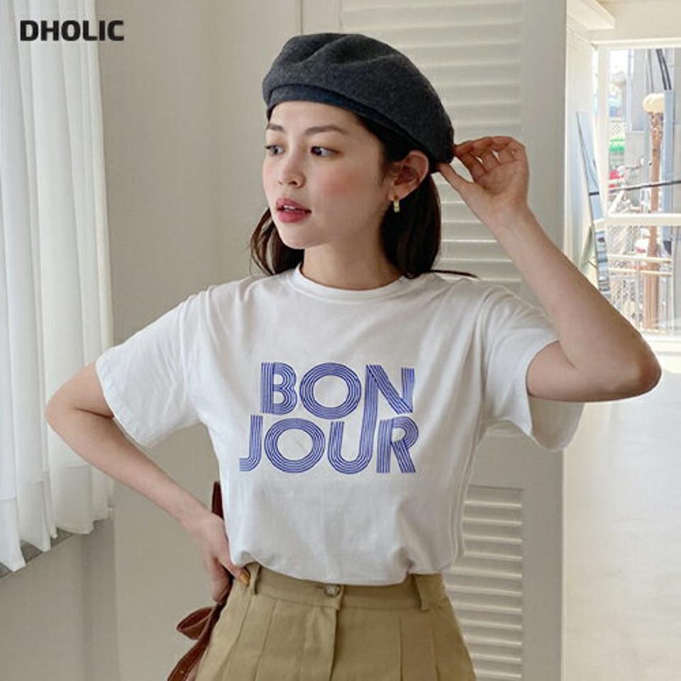ラウンドネックBONJOUR半袖Tシャツ・全3色・t67107 レディース 【tops】トップス Tシャツ 半袖 ハーフスリーブ ロゴT ロゴ レタリング ラウンドネック カジュアル ラフ 春 夏 韓国ファッション