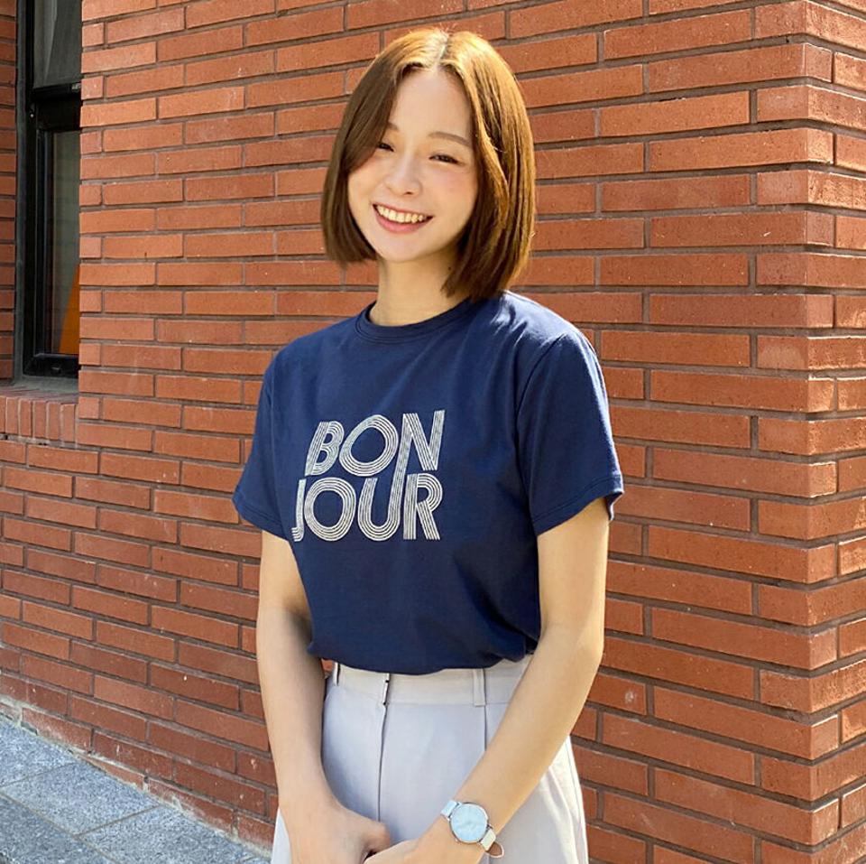 ラウンドネックBONJOUR半袖Tシャツ・全3色・t67107 レディース 【tops】トップス Tシャツ 半袖 ハーフスリーブ ロゴT ロゴ レタリング ラウンドネック カジュアル ラフ 春 夏 韓国ファッション