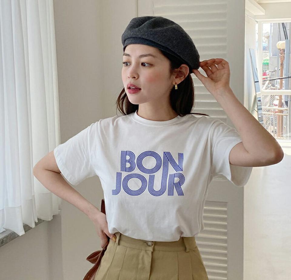 ラウンドネックBONJOUR半袖Tシャツ・全3色・t67107 レディース 【tops】トップス Tシャツ 半袖 ハーフスリーブ ロゴT ロゴ レタリング ラウンドネック カジュアル ラフ 春 夏 韓国ファッション