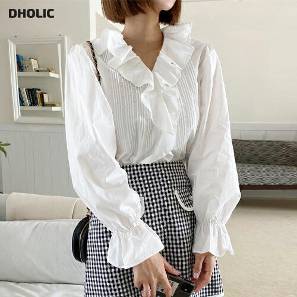 フリルピンタックブラウス・全3色・b67114 レディース 【bl】トップス ブラウス 長袖 フリル タック ガーリー 白 ホワイト かわいい 可愛い 襟コン Vネック パフスリーブ パフ袖 春 秋 韓国ファッション