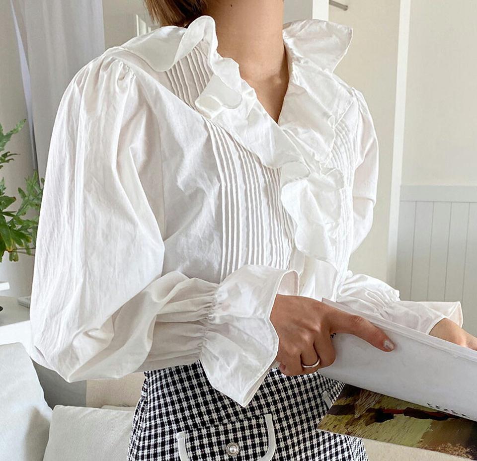 フリルピンタックブラウス・全3色・b67114 レディース 【bl】トップス ブラウス 長袖 フリル タック ガーリー 白 ホワイト かわいい 可愛い 襟コン Vネック パフスリーブ パフ袖 春 秋 韓国ファッション