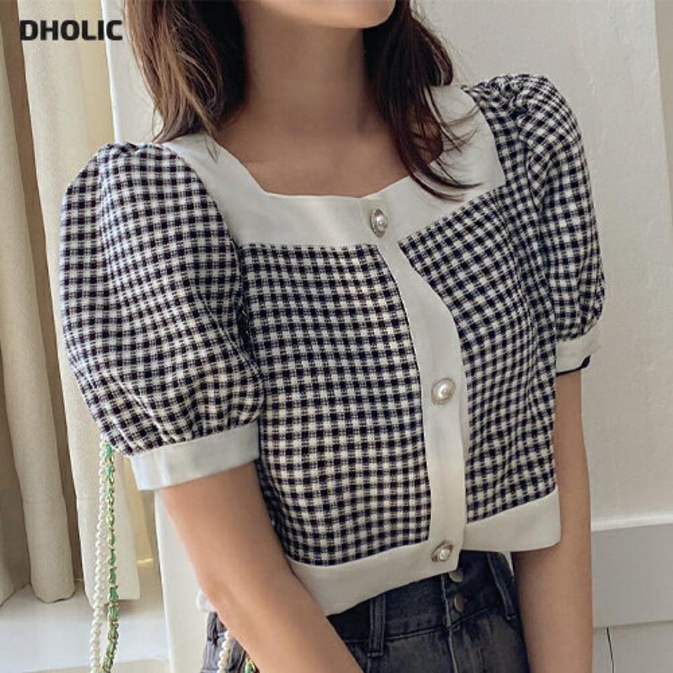 【10%OFF】配色チェックスクエアブラウス・全2色・t67128 レディース 【bl】トップス ブラウス 半袖 パフ袖 パフスリーブ チェック柄 ギンガムチェック ガーリー 配色 かわいい 可愛い パールボタン クロップド丈 スクエアネック 春 夏 韓国ファッション blsセール
