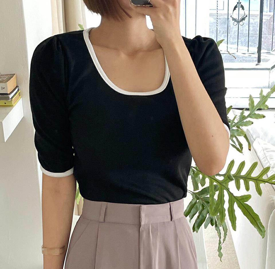 配色UネックTシャツ・全4色・t67106 レディース 【tops】トップス Tシャツ 半袖 ハーフスリーブ 配色 シンプル カジュアル ラフ クロップド丈 パフスリーブ パフ袖 スリム リンガーTシャツ 春 夏 韓国ファッション