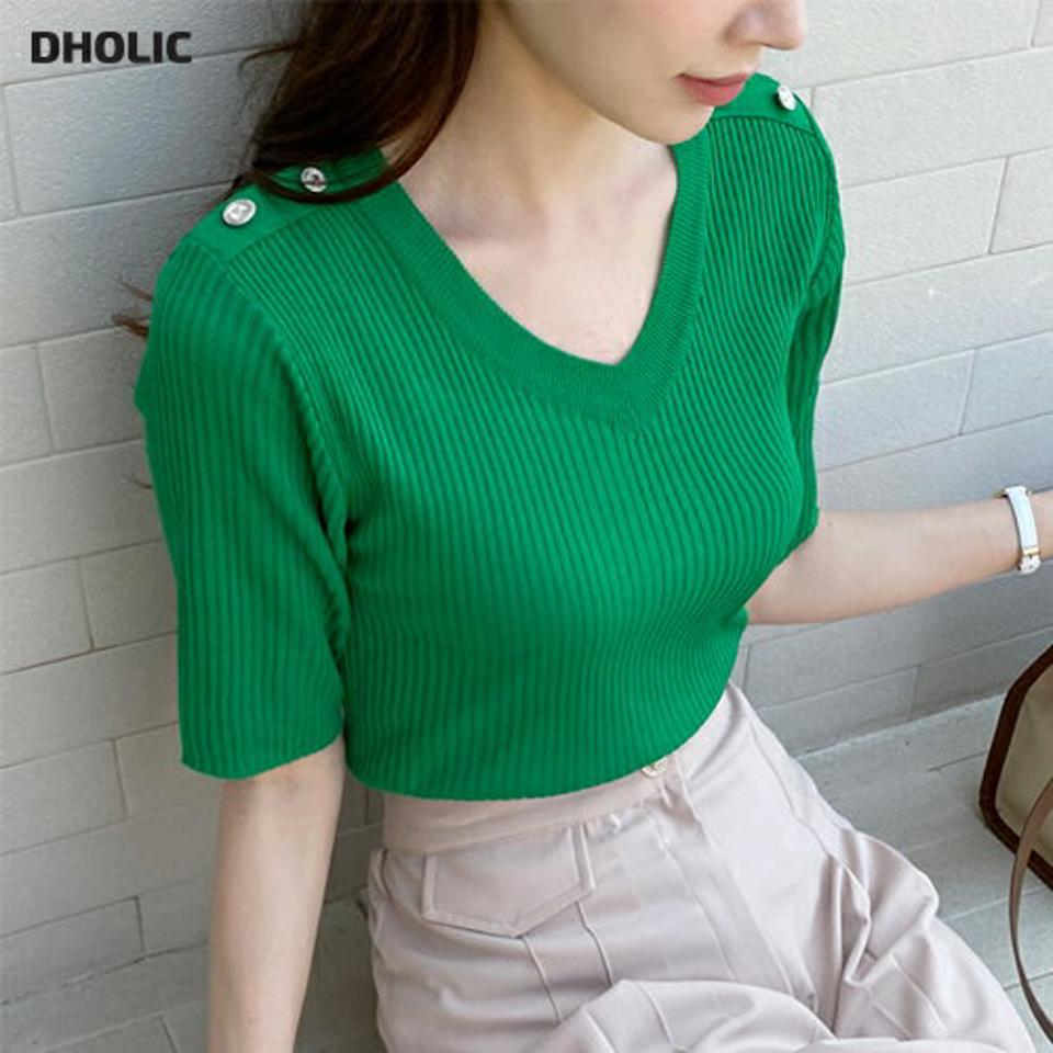 Vネックボタンリブニット・全5色・t72137 レディース 【tops】トップス ニット 大人 半袖 Vネック ショルダーボタン 単色 シンプル フェミニン カジュアル 緑 夏 春 秋 韓国ファッション ハイホリHIHOLLI