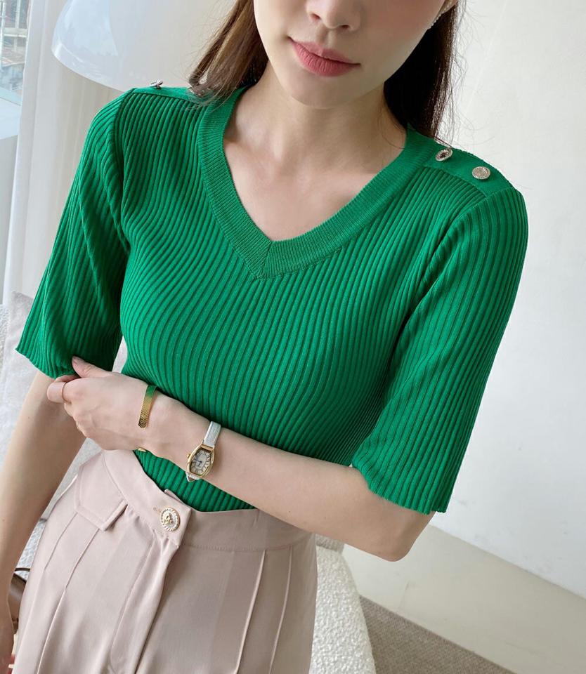 Vネックボタンリブニット・全5色・t72137 レディース 【tops】トップス ニット 大人 半袖 Vネック ショルダーボタン 単色 シンプル フェミニン カジュアル 緑 夏 春 秋 韓国ファッション ハイホリHIHOLLI