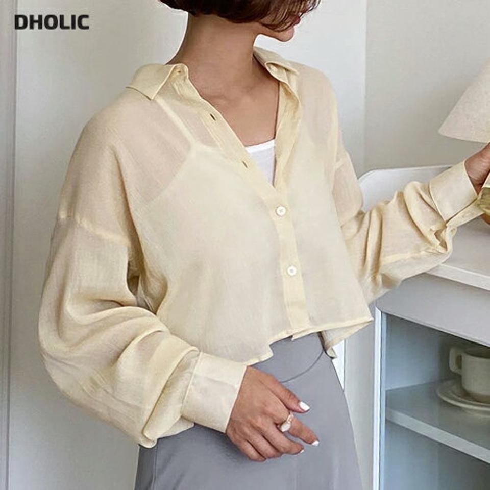 【マラソン特価】クロップドシャツ・全4色・t00494 レディース 【bl】トップス シャツ 長袖 クロップド丈 単色 無地 シンプル ベーシック オフィスカジュアル コットン 綿 透け感 春 夏 秋 韓国ファッション