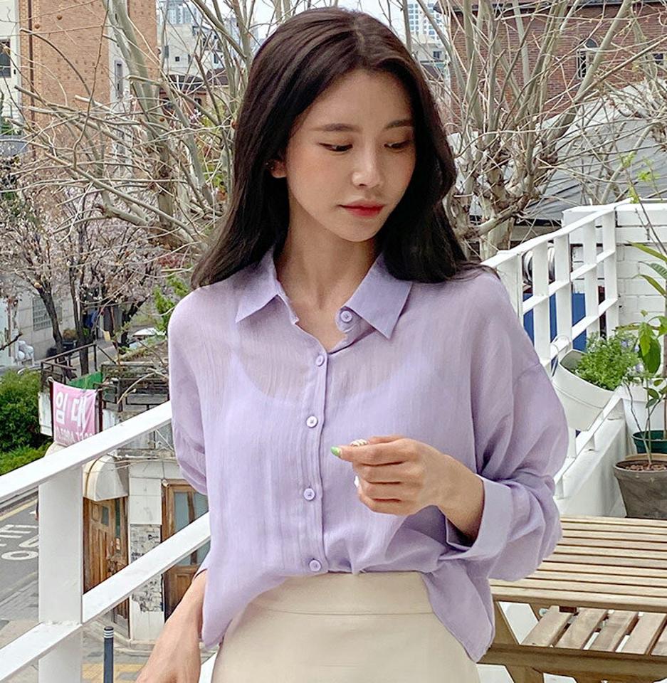 【マラソン特価】クロップドシャツ・全4色・t00494 レディース 【bl】トップス シャツ 長袖 クロップド丈 単色 無地 シンプル ベーシック オフィスカジュアル コットン 綿 透け感 春 夏 秋 韓国ファッション