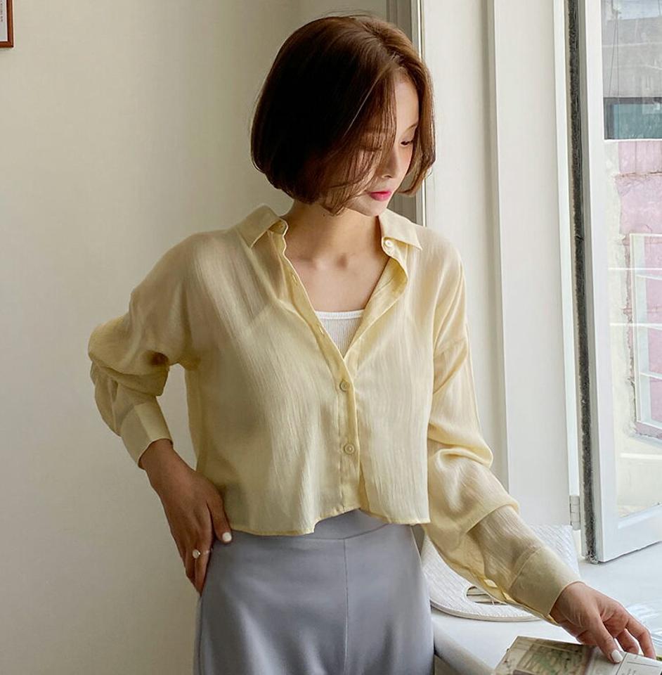 【マラソン特価】クロップドシャツ・全4色・t00494 レディース 【bl】トップス シャツ 長袖 クロップド丈 単色 無地 シンプル ベーシック オフィスカジュアル コットン 綿 透け感 春 夏 秋 韓国ファッション