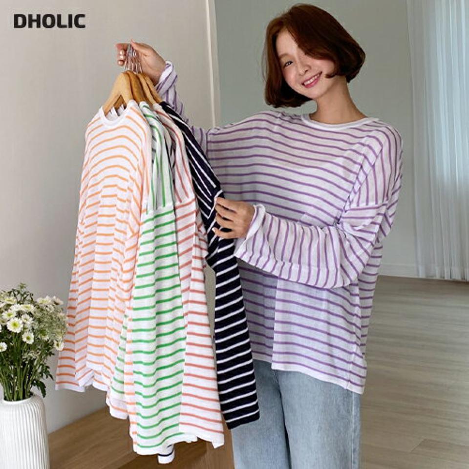 シースルーボーダーニット・全6色・t00485 レディース 【tops】トップス ニット 長袖 ボーダー柄 シースルー シアー 透け感 カジュアル ラフ ゆったり ドロップショルダー ラウンドネック 通気性 春 夏 秋 韓国ファッション